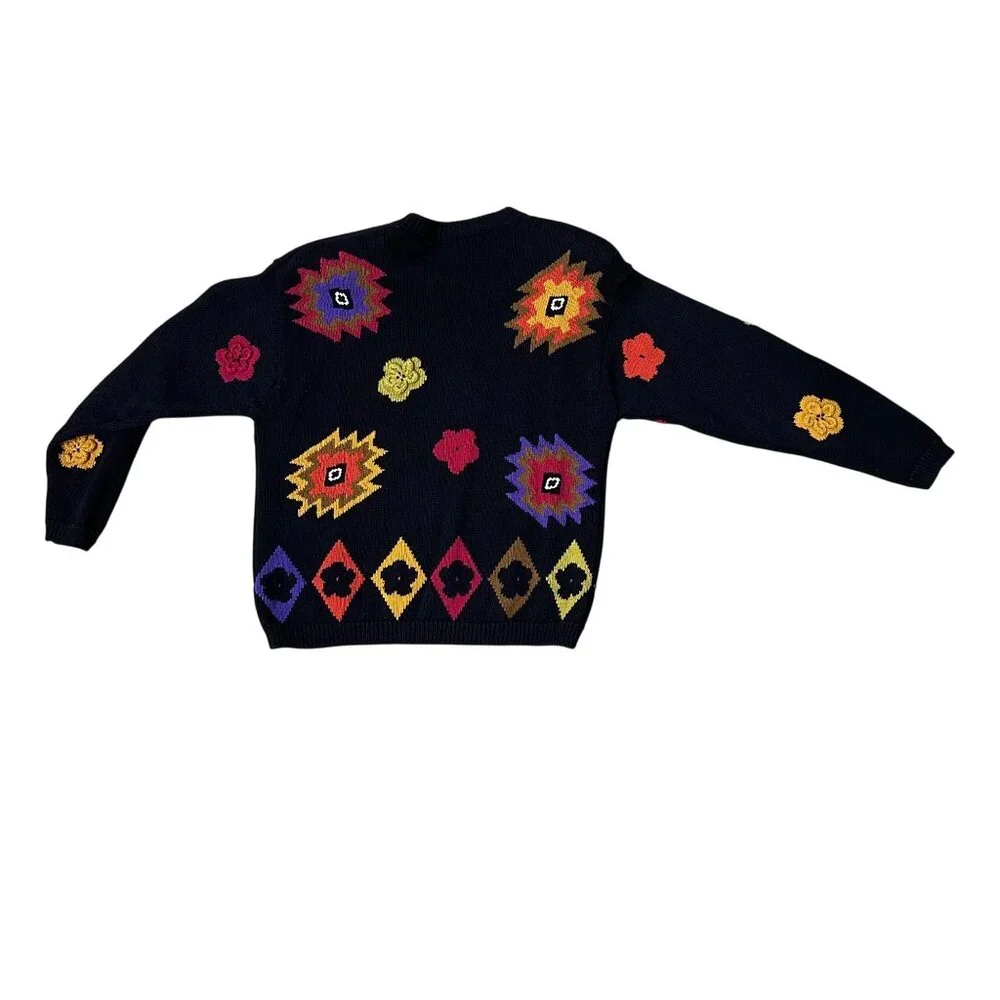 Vintage Black Sweater Colorful 80s Geometric Floral Sz Small Chaus Shoulder Pads - Picture 3 of 6